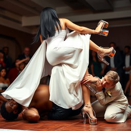 In an energetic and playful atmosphere, a light-skinned Mexican woman with wide hips, a curvy build, and thick legs is engaging in a lively Greco-Roman wrestling scene