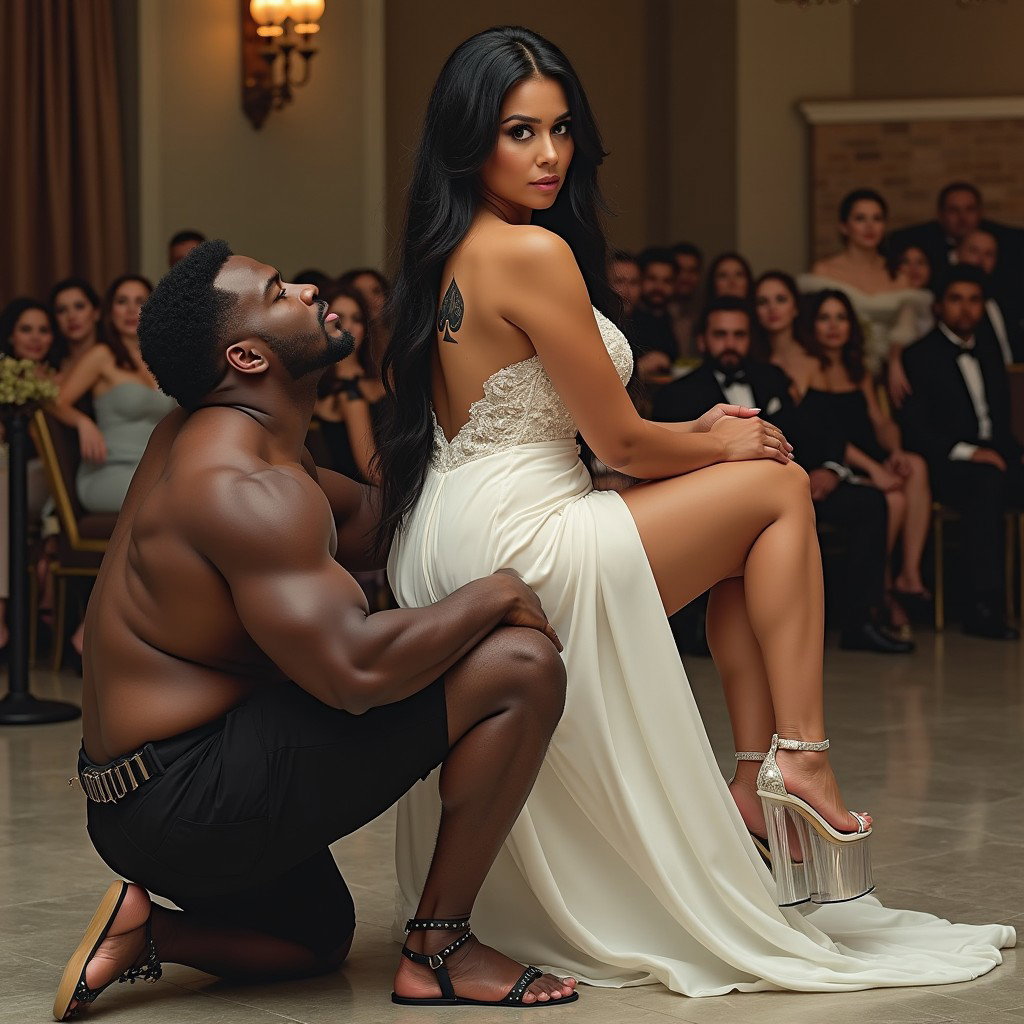 In an engaging and dynamic scene, a light-skinned Mexican woman with wide hips, a curvy physique, and thick legs is depicted with very long, straight black hair