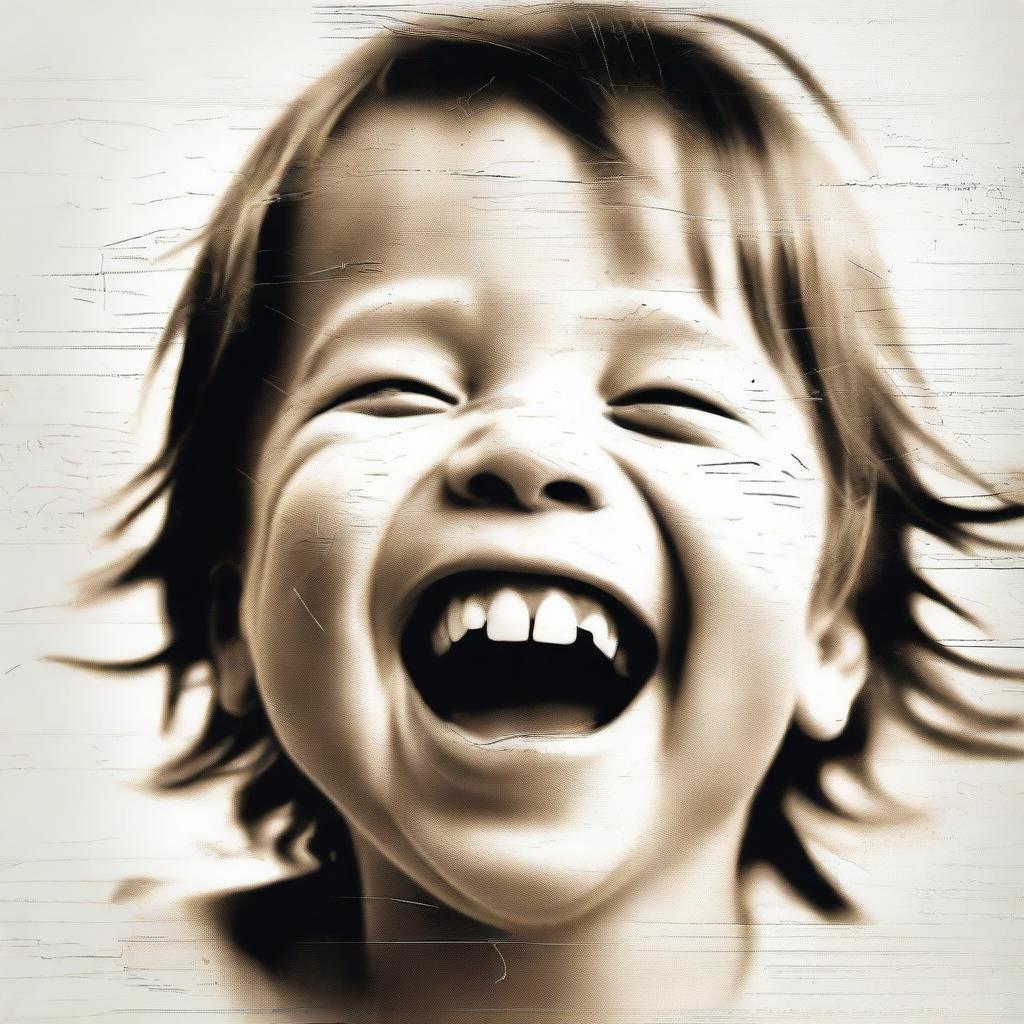 A compelling music poster featuring a child laughing while tear traces are evident, embodying both joy and sadness. A striking representation of emotional complexity, ideal for an expressive music album cover.