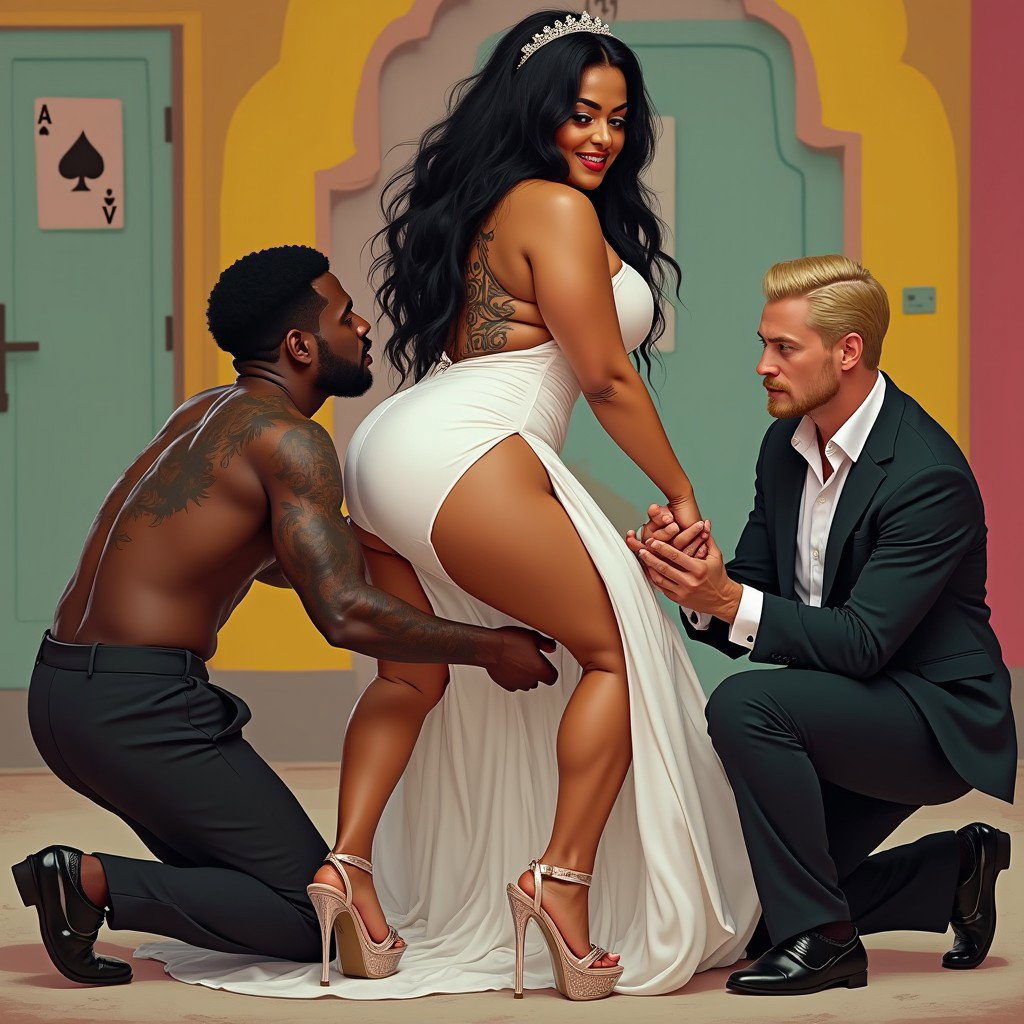 In a vibrant and cheeky scene, a light-skinned Mexican woman with wide hips, a curvy physique, and thick legs flaunts her very long, straight black hair