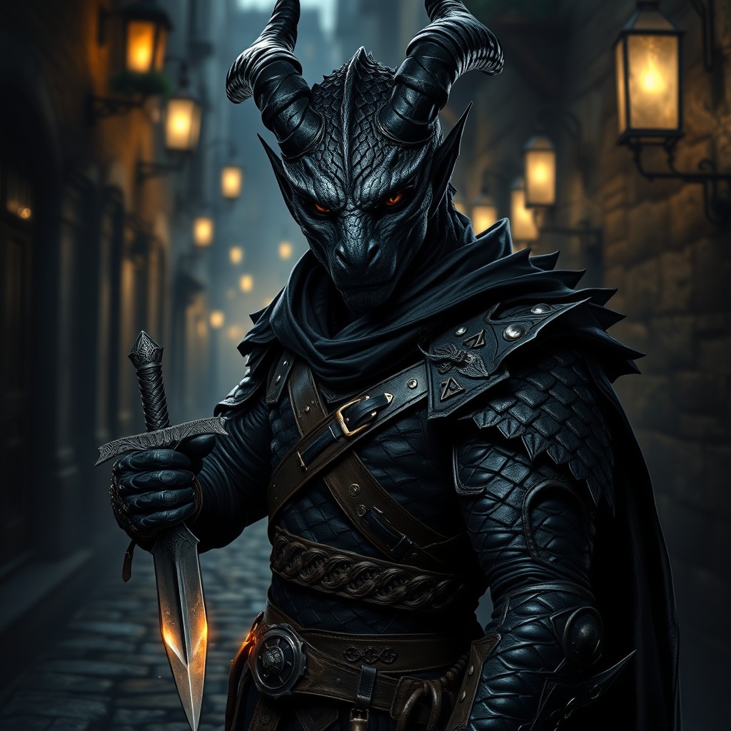 A striking depiction of a Black Dragonborn rogue, characterized by glistening ebony scales and a lithe, agile build