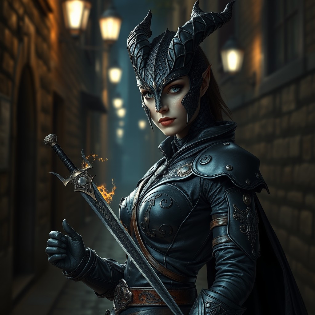 An enchanting image of a female Black Dragonborn rogue, showcasing her majestic ebony scales and a sleek, graceful form