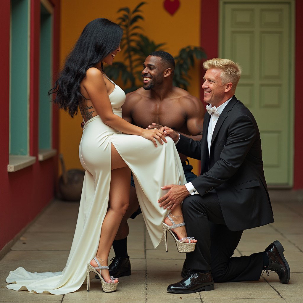 In a lively and captivating scenario, a light-skinned Mexican woman with broad hips and a voluptuous physique is engaged in a spirited Greco-Roman wrestling match