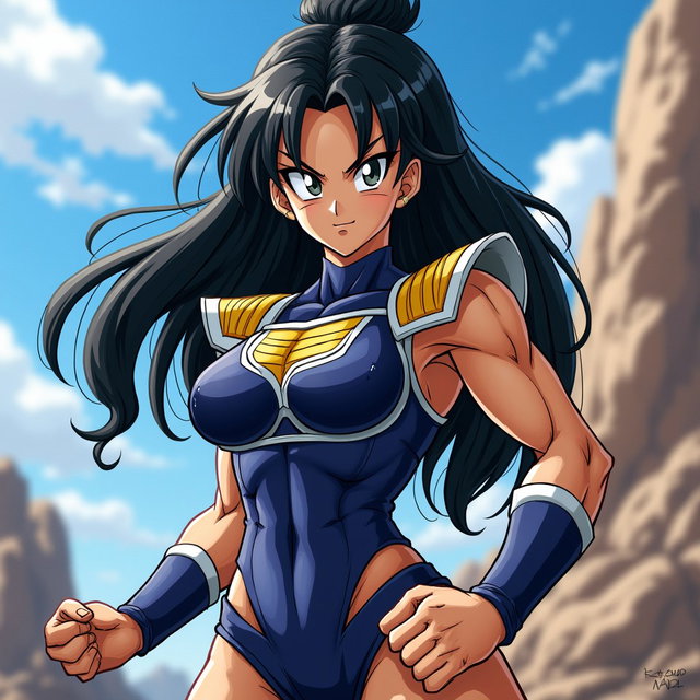 A female Saiyan character inspired by the Dragon Ball Z saga, featuring a strong and fierce appearance