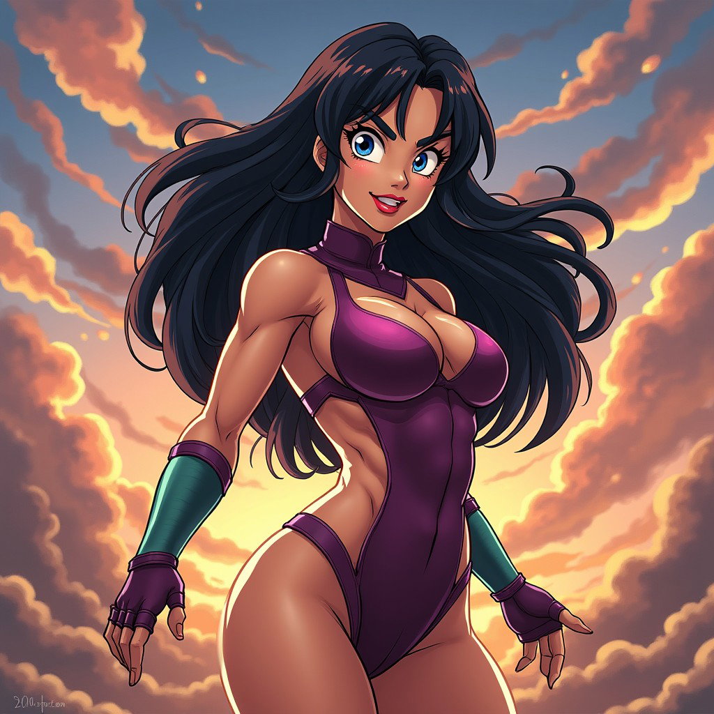 A stunning female Saiyan from Dragon Ball strikes a sexy pose, showcasing her confident attitude and fierce warrior spirit