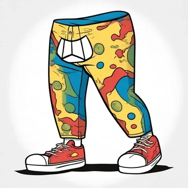 In the cartoon, the character's torn pants had a jag on the leg, revealing a colorful pattern underneath.