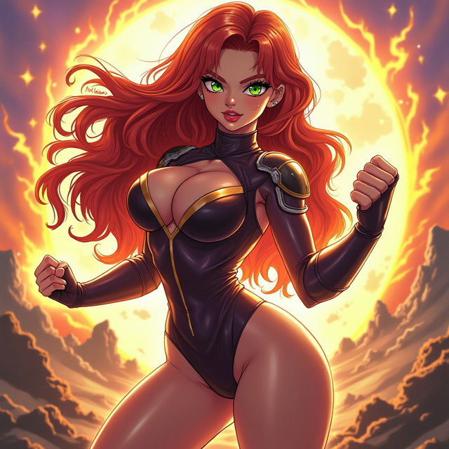 A stunning portrayal of a Saiyan woman from Dragon Ball, exuding confidence and strength while striking a sexy pose