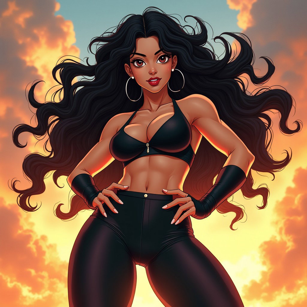 A stylish Sayayin woman with thick legs and wide hips strikes a sexy pose, embodying confidence and allure