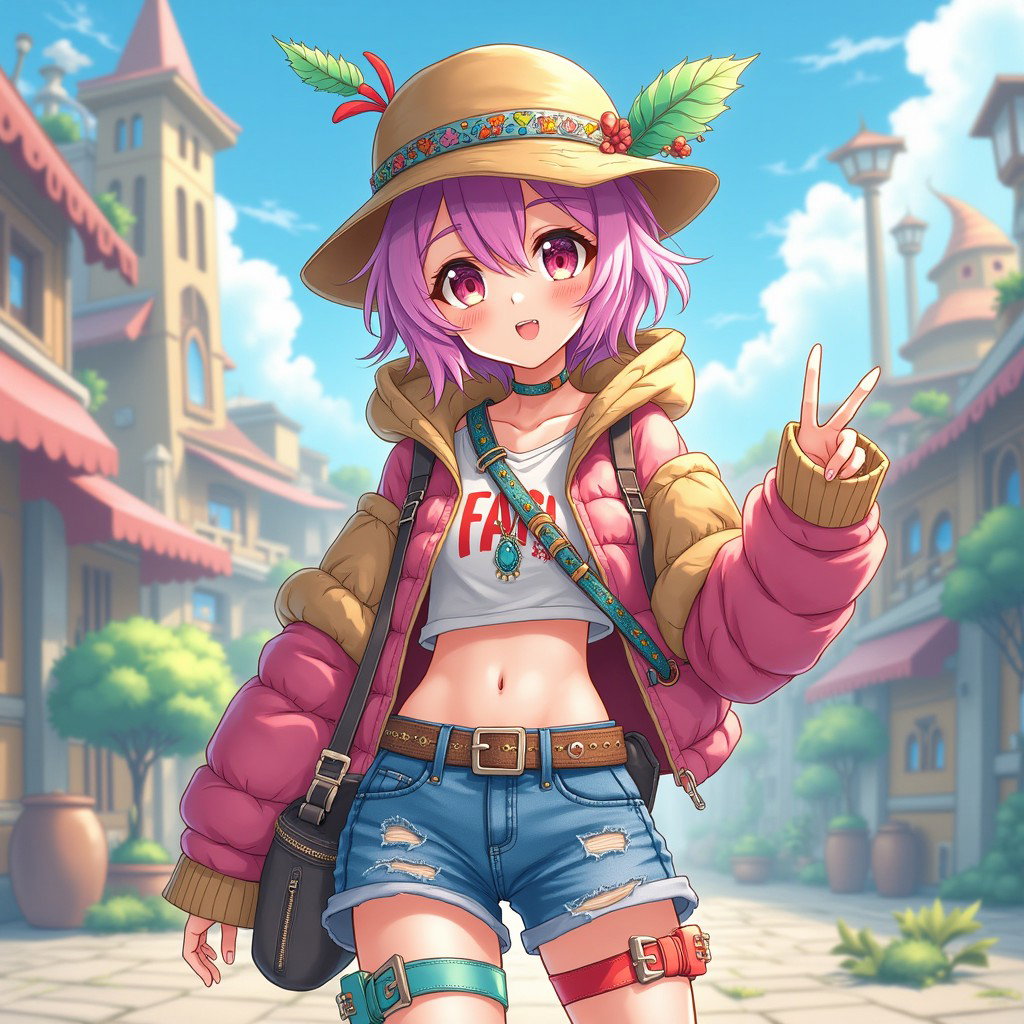 An anime girl with striking features, vibrant hair, and expressive eyes, dressed in a stylish, eye-catching outfit that embraces a playful, adventurous theme