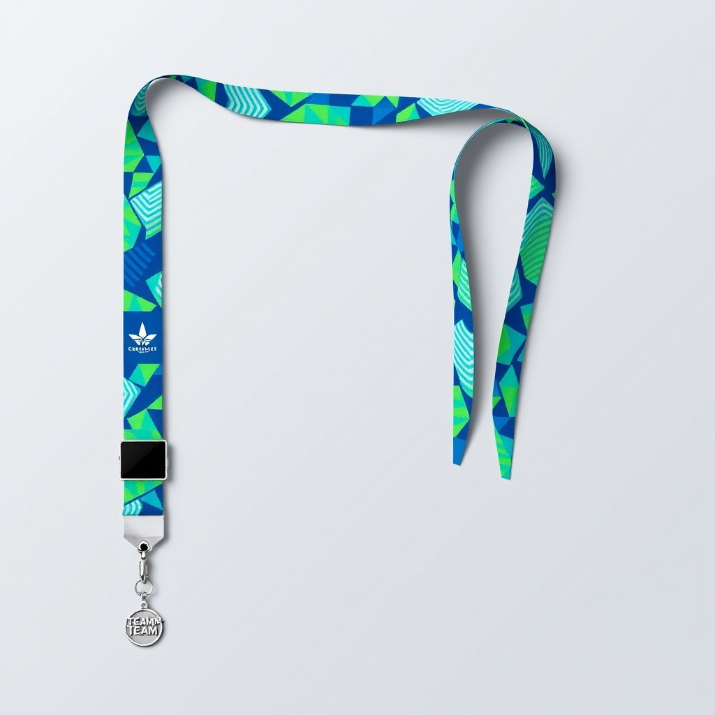 A vibrant and professional employee lanyard design featuring a modern geometric pattern in shades of blue and green