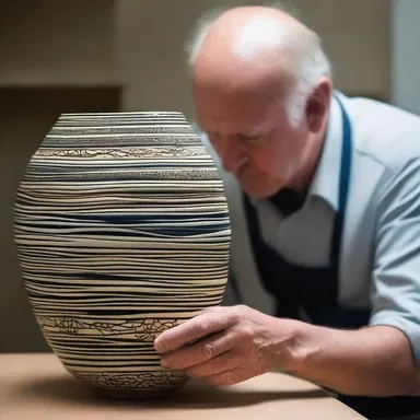 The sculptor carefully jags intricate patterns onto the ceramic vase.