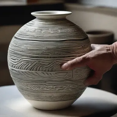 The sculptor carefully jags intricate patterns onto the ceramic vase.