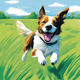 A vibrant depiction of a playful dog, bouncing through a lush green field, with its tongue lolling out in the joy of pursuit.