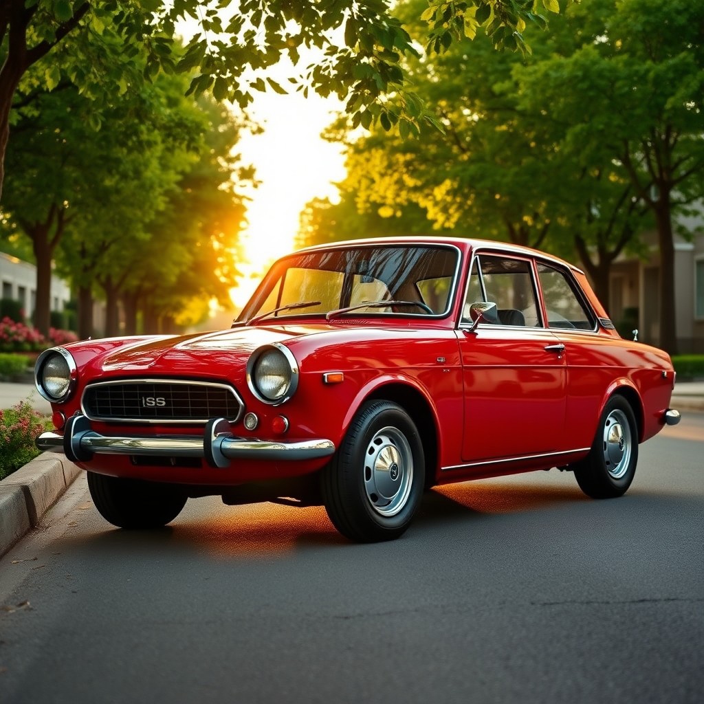 A sleek vintage Datsun A10 parked on a quiet, picturesque street, bathed in warm sunset light