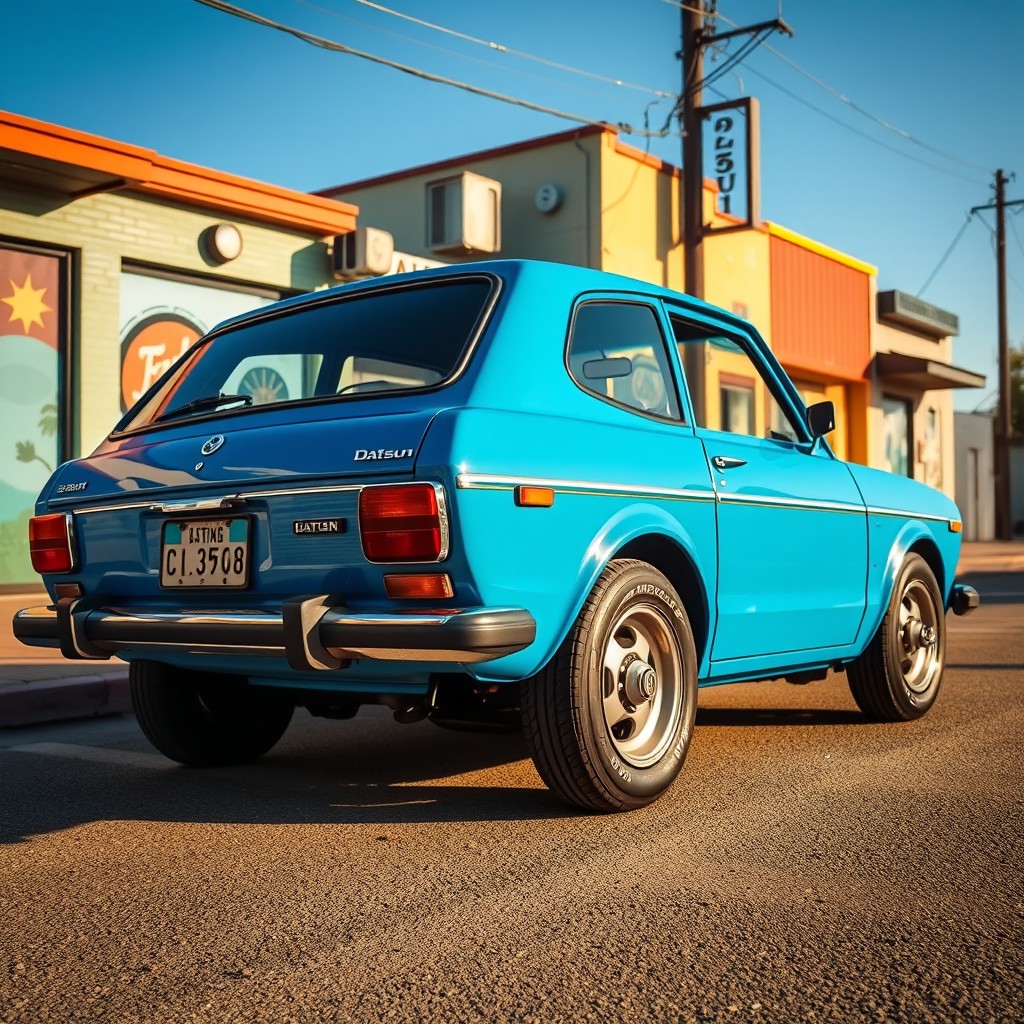 A stunning vintage 1980 Datsun A10 parked in a charming urban setting, showcasing its iconic design and nostalgic appeal
