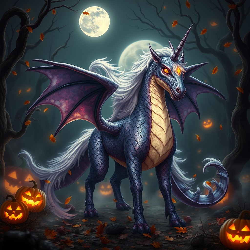A majestic mythical creature perfect for Halloween, standing tall in a haunted forest