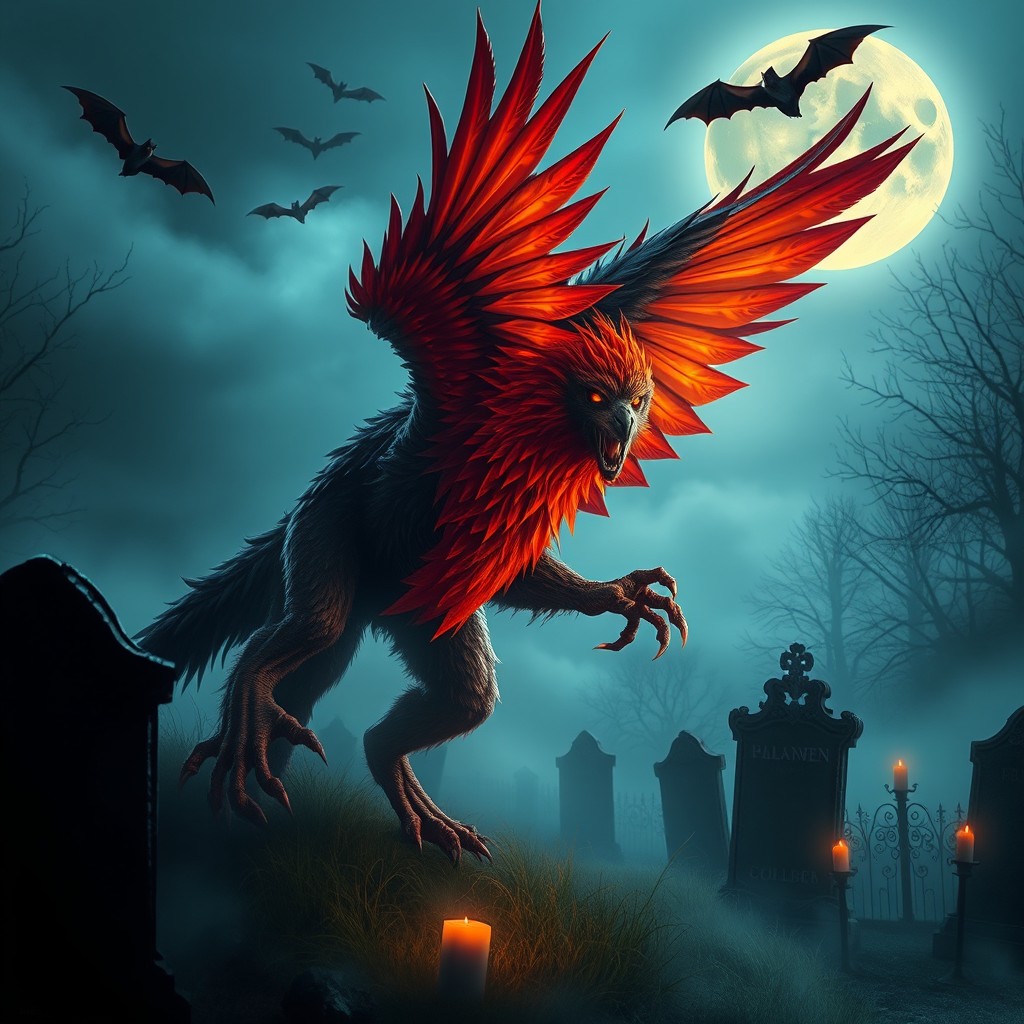 A stunning mythical creature for Halloween, blending elements of a phoenix and a werewolf