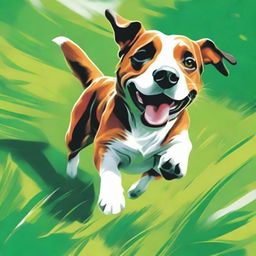 A vibrant depiction of a playful dog, bouncing through a lush green field, with its tongue lolling out in the joy of pursuit.