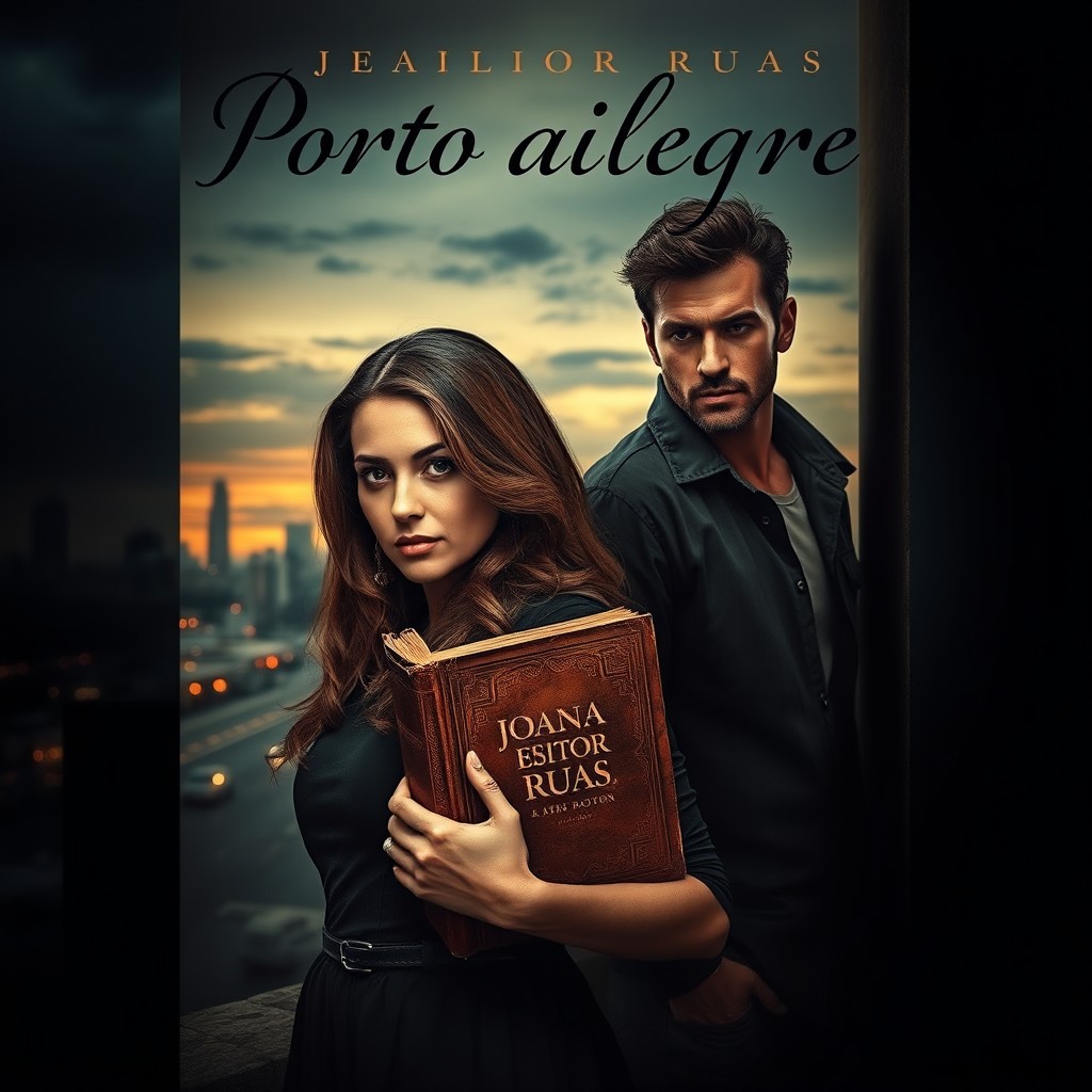A captivating book cover for a romance novel, featuring a somber yet beautiful Porto Alegre skyline in the background during twilight