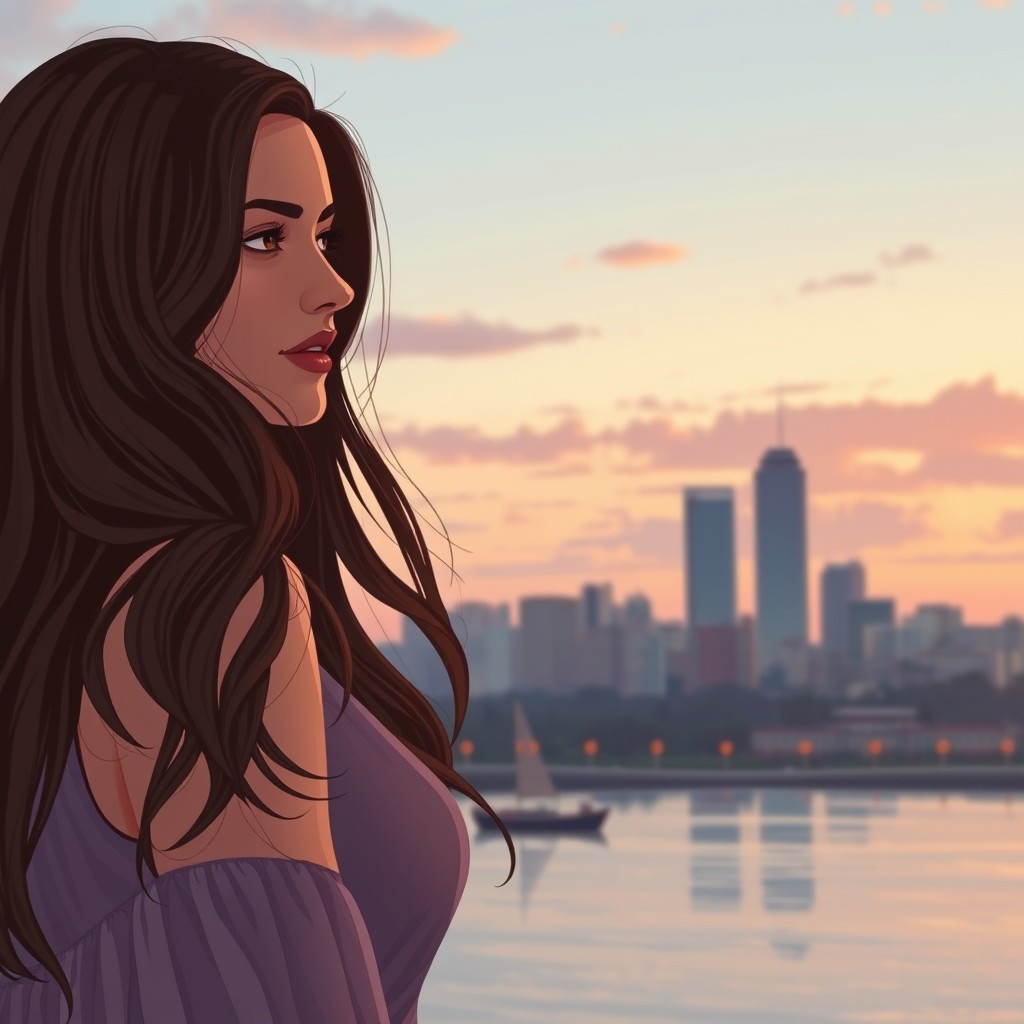 A beautiful literary style illustration for a romance novel, featuring a stunning Porto Alegre skyline in the background during a soft twilight