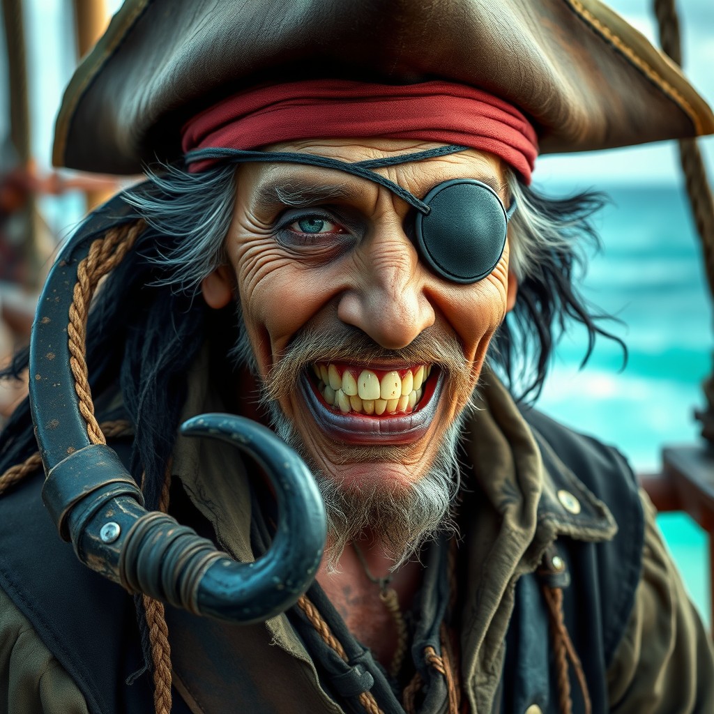 An old pirate with perfectly white teeth, dressed in tattered rags