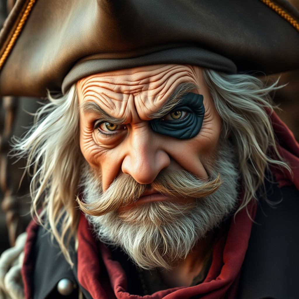 An old, stout pirate with an angry expression on his face