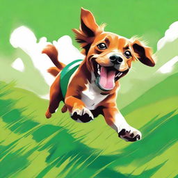 A vibrant depiction of a playful dog, bouncing through a lush green field, with its tongue lolling out in the joy of pursuit.