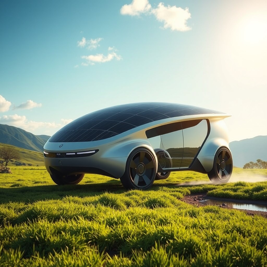 A futuristic solar-powered vehicle that can traverse land, water, and fly