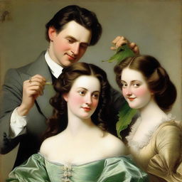 A gentleman delicately removing a leaf from a lady's flowing hair.