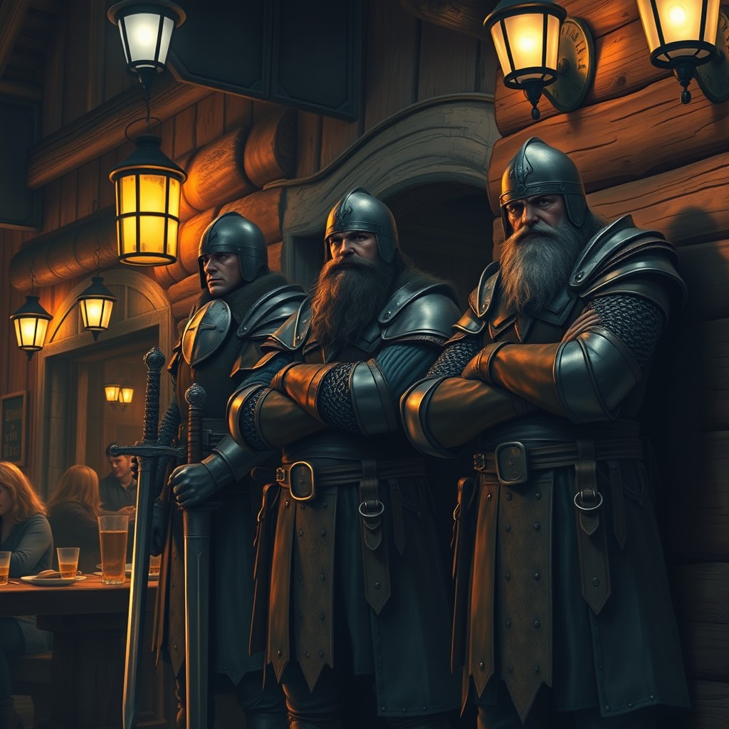 A group of imposing tavern guards standing watch at a rustic medieval tavern entrance
