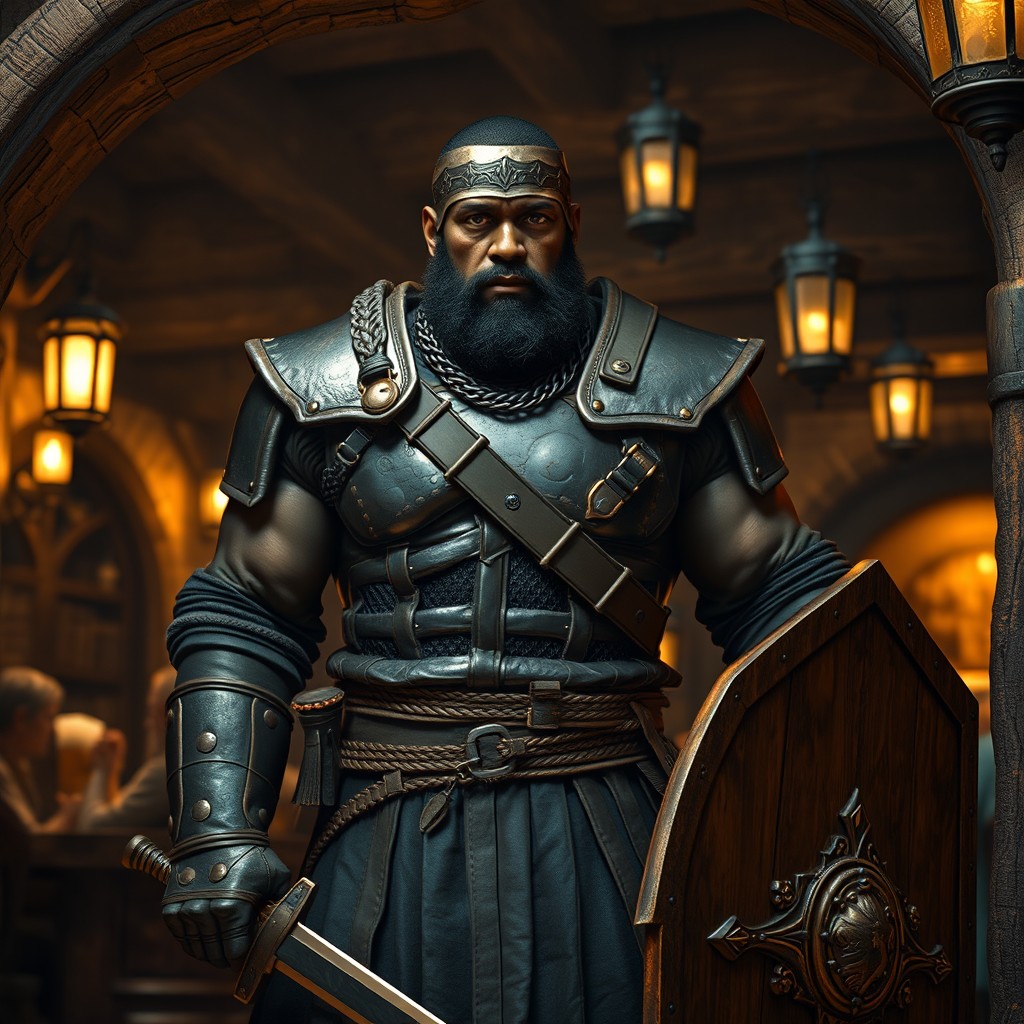 A strong black man serving as a tavern guard, standing watch at the entrance of a rustic medieval tavern
