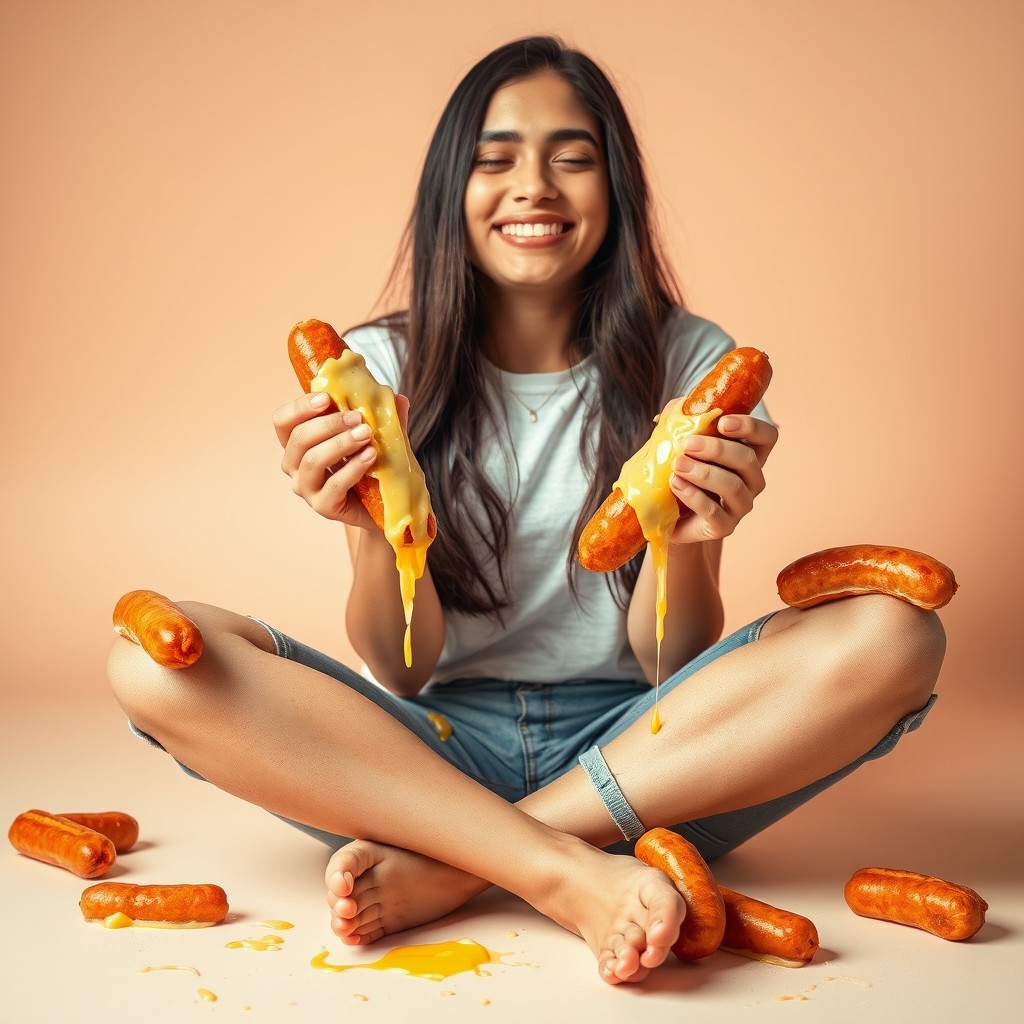 A hot 18-year-old Pakistani girl sitting criss-cross with a joyful smile, eyes closed, showcasing her playful spirit