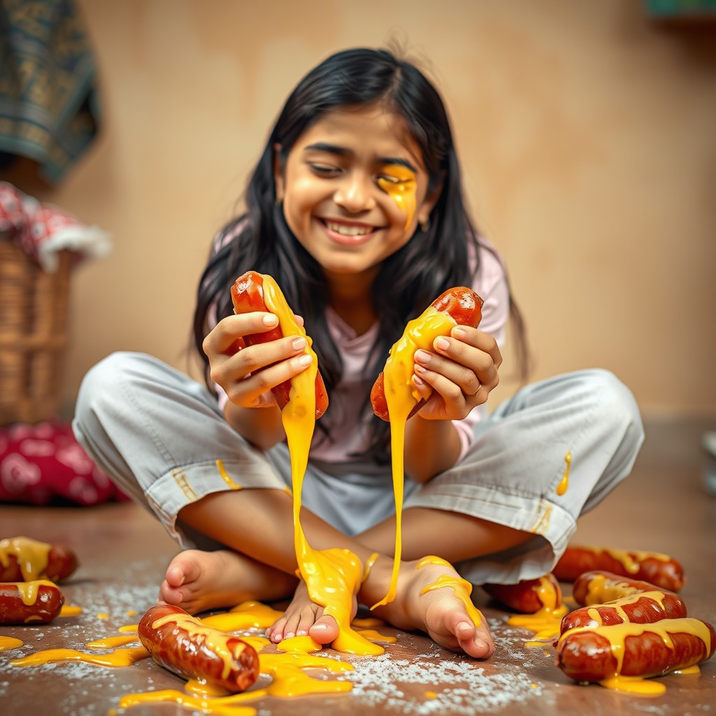 A vibrant and humorous scene featuring an 18-year-old Pakistani girl sitting crisscross on the ground, with a joyful expression and eyes closed