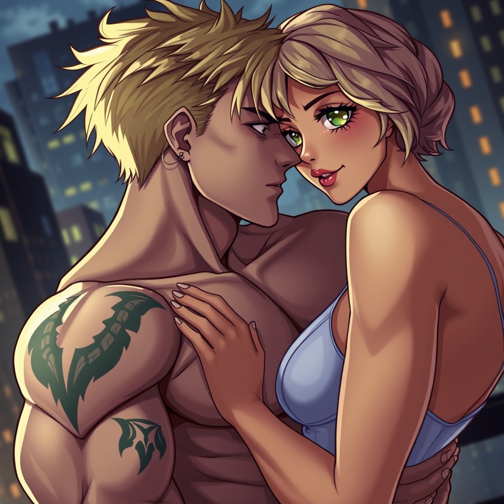 A scene depicting an intense yet romantic moment between two characters in a blood revenge storyline, encapsulating the 'enemies to lovers' theme