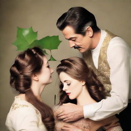 A gentleman delicately removing a leaf from a lady's flowing hair.