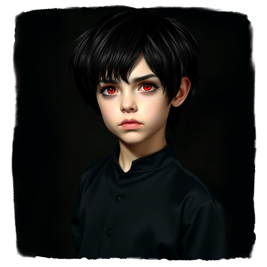 A young boy with black hair, cream-colored skin, and striking red vampire eyes, wearing a black outfit