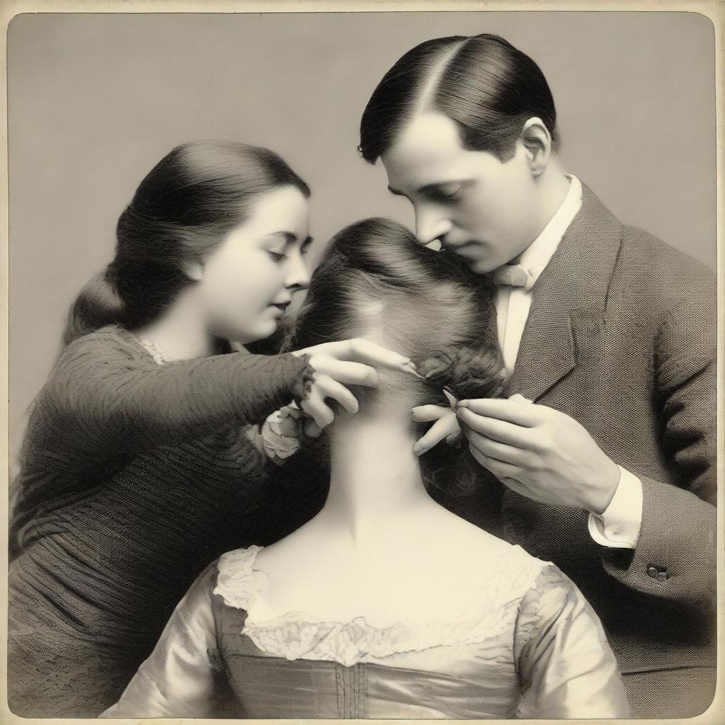 A gentleman delicately removing a leaf from a lady's flowing hair.