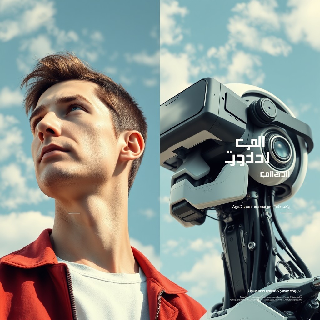 A split image featuring a light-skinned man aged between mid-20s to 30 on the left side, showcasing his head and shoulders, gazing upwards and slightly to his right