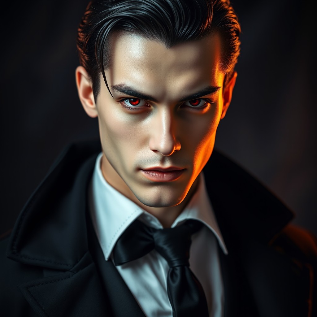 A handsome vampire man with striking red eyes, sleek black hair, and elegantly dressed in a black cloak, black tie, and a pristine white shirt