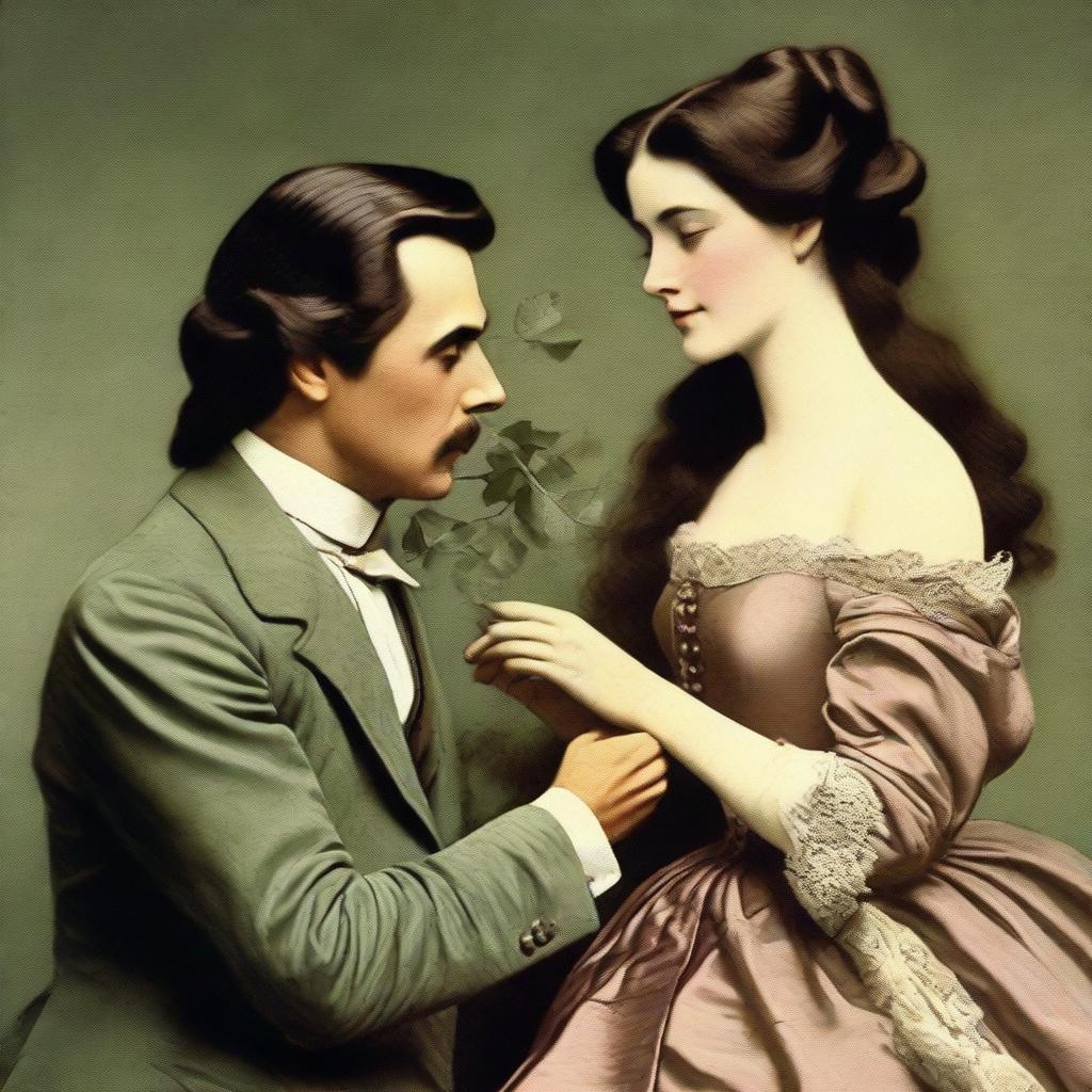 A gentleman delicately removing a leaf from a lady's flowing hair.