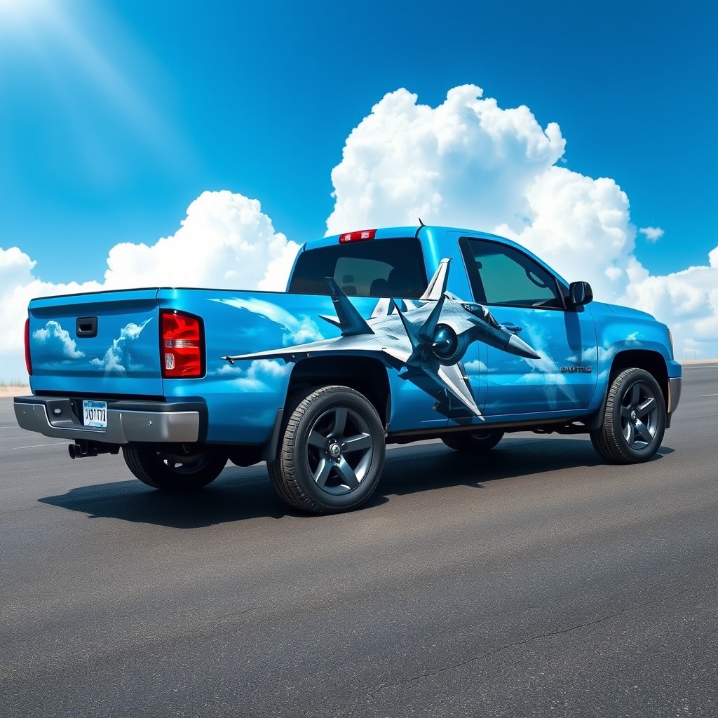 A pickup truck embellished with stunning airbrush art featuring a sleek jet fighter soaring through a clear blue sky