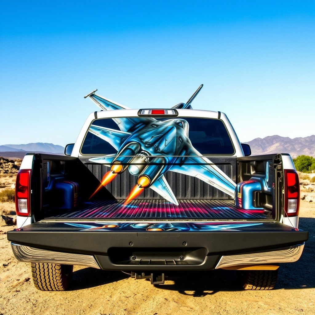 An intricately airbrushed fighter jet design on the cargo bed and tailgate of a pickup truck, showcasing vibrant colors and detailed shading that highlight the features of the aircraft