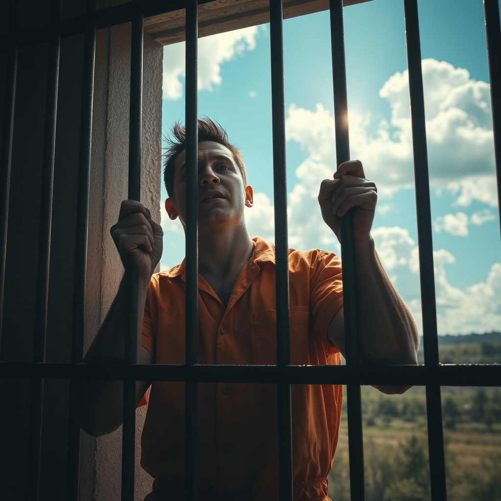A powerful scene depicting a prisoner eagerly anticipating freedom, standing by the barred window of a prison cell