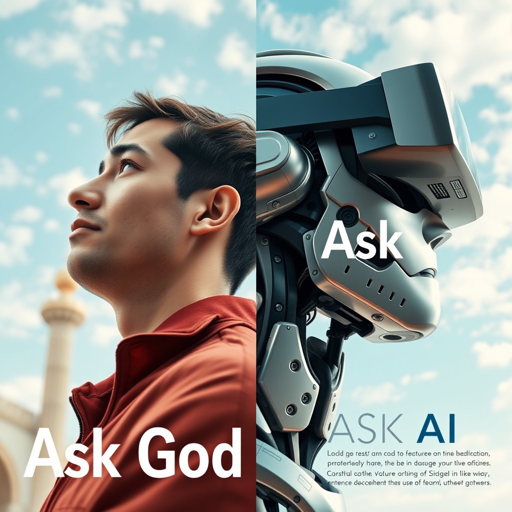 A split image featuring a light-skinned Muslim man inside a mosque, aged between mid-20s to 30 on the left side, showcasing his head and shoulders as he looks upwards and slightly to his right