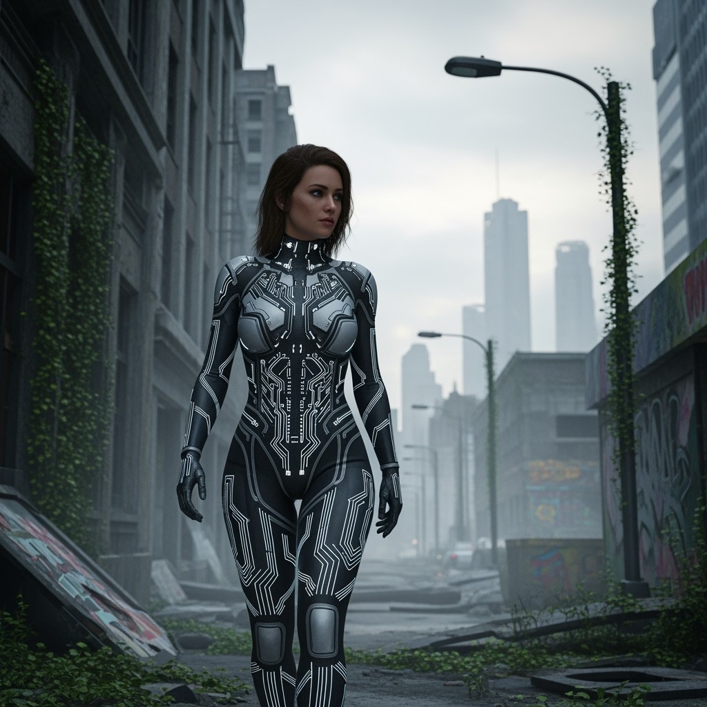 A realistic photo of a woman in a sleek, high-tech sci-fi bodysuit, exploring the ruins of a dystopian city