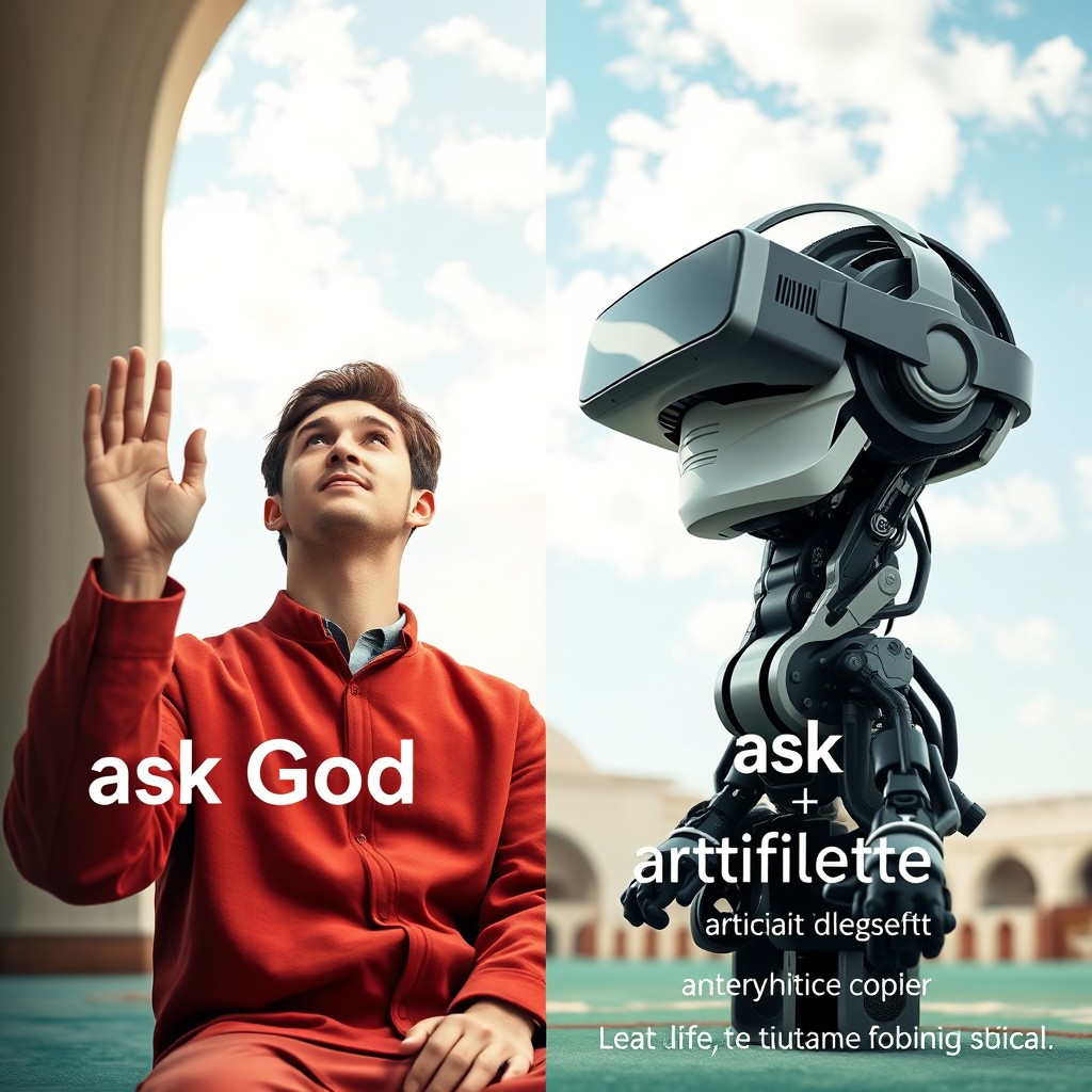 A split image featuring a light-skinned Muslim man in his mid-20s to 30s sitting and praying inside a mosque, his hand raised in supplication on the left side of the image