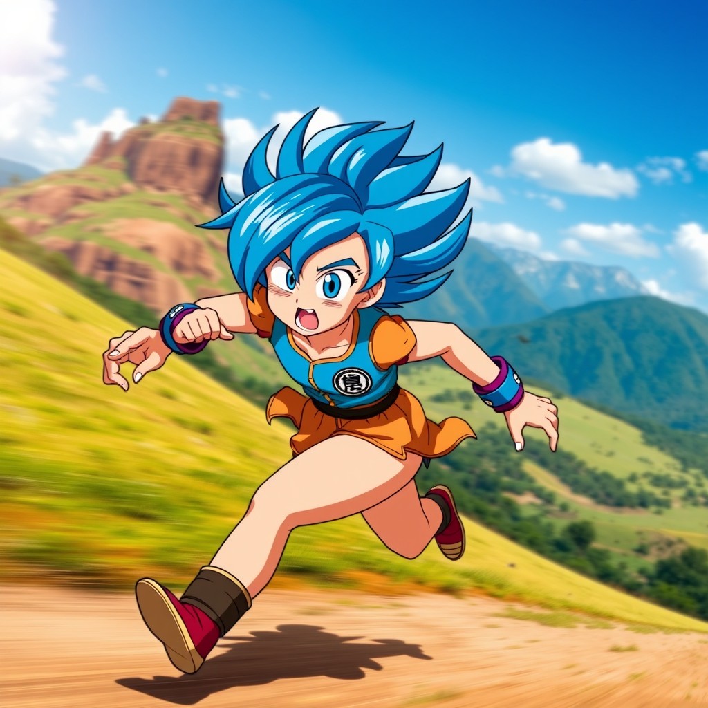 A dynamic scene of Bulma from Dragon Ball, captured mid-run, showcasing her confidence and adventurous spirit