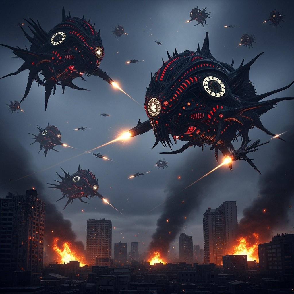 A realistic photo depicting an alien invasion on Earth, featuring ominous black biomechanical ships with intricate clockwork and H