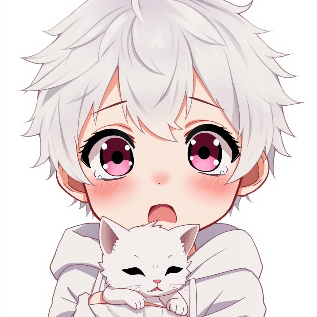 A close-up headshot of a chibi anime boy with fluffy light silver-white hair that is slightly messy