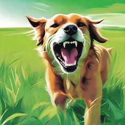 A vivid depiction of a dog exhibiting signs of anger, growling and flaring its teeth, in that same lush green field.